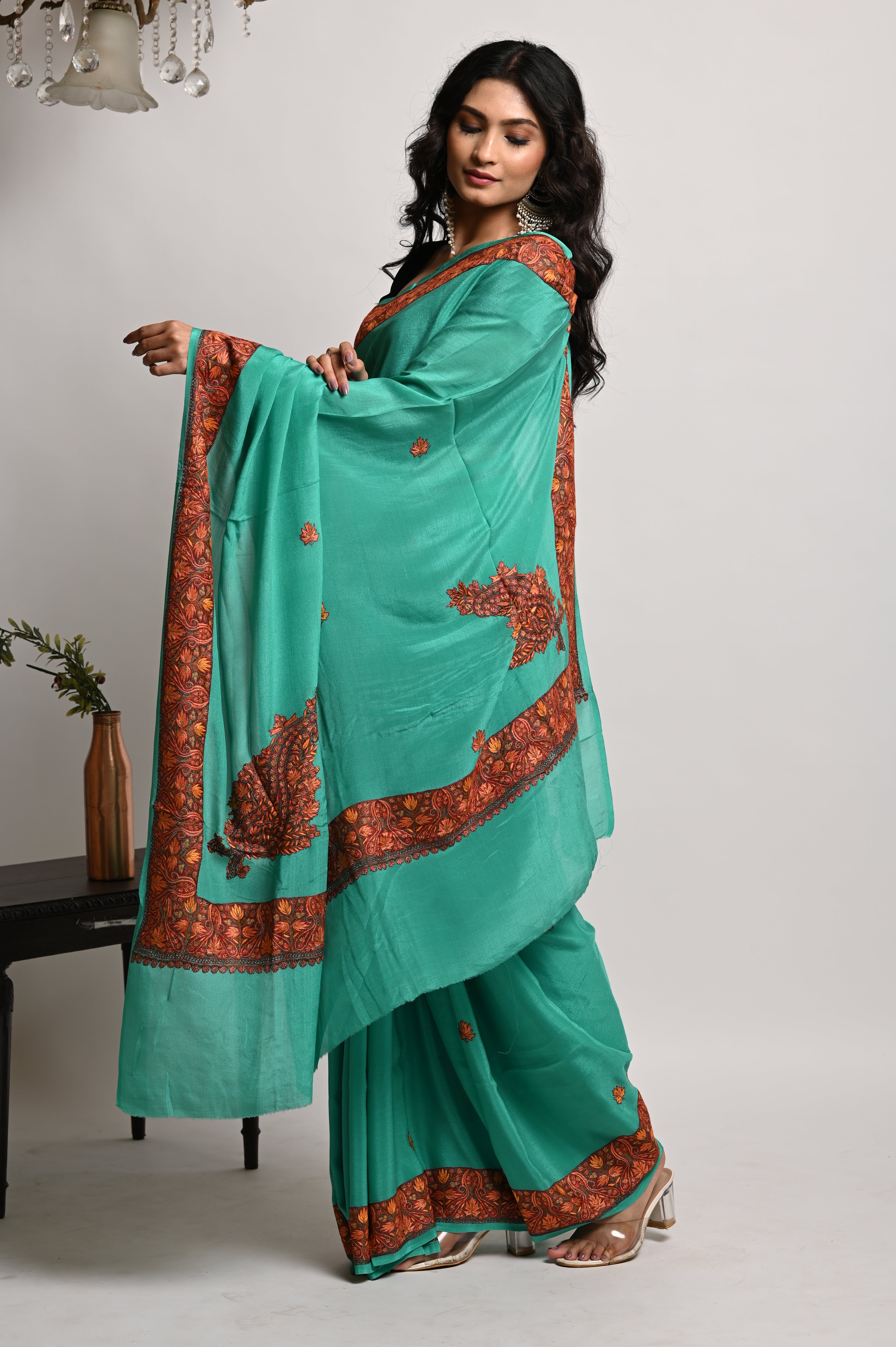 Pure Crepe Chinon Silk Sozni Work Hand Embroidered Kashmiri Saree