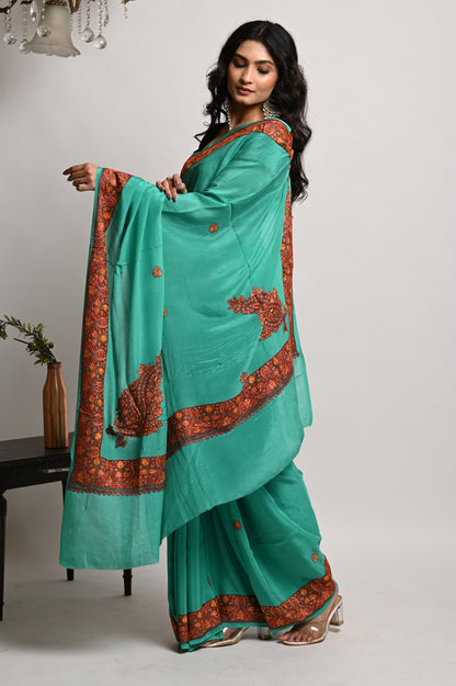 Pure Crepe Chinon Silk Sozni Work Hand Embroidered Kashmiri Saree
