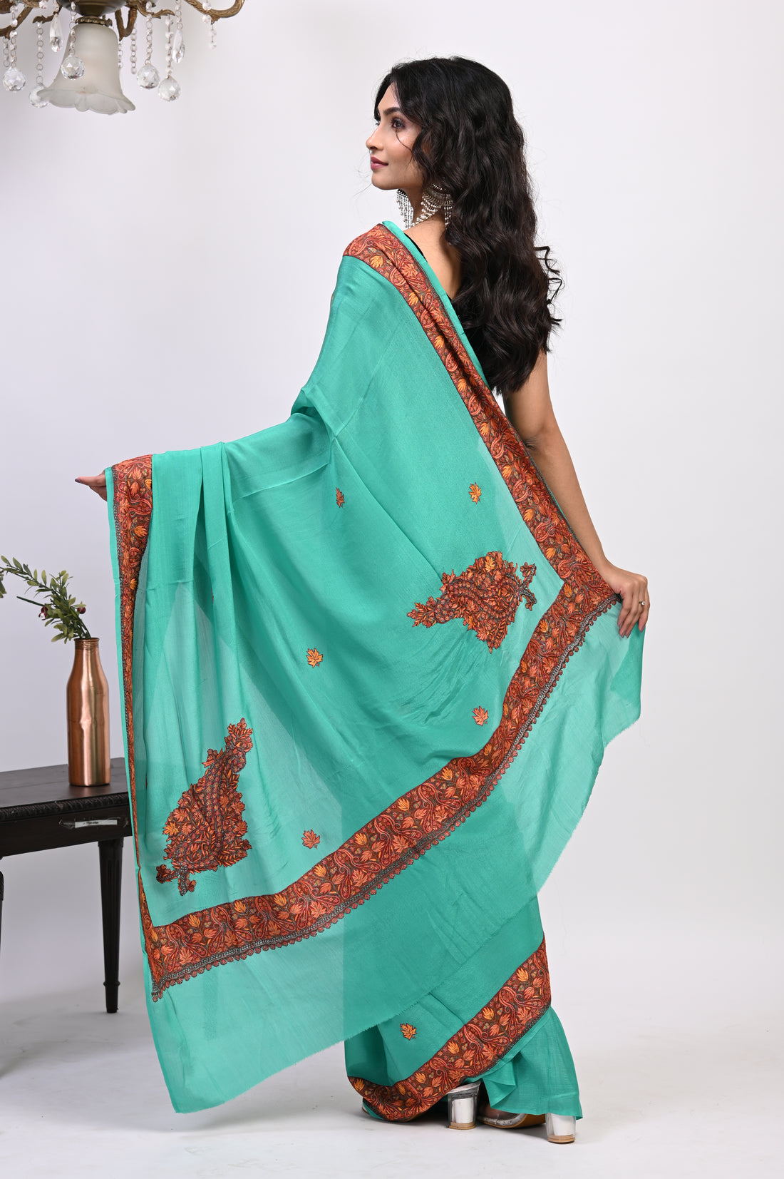 Pure Crepe Chinon Silk Sozni Work Hand Embroidered Kashmiri Saree