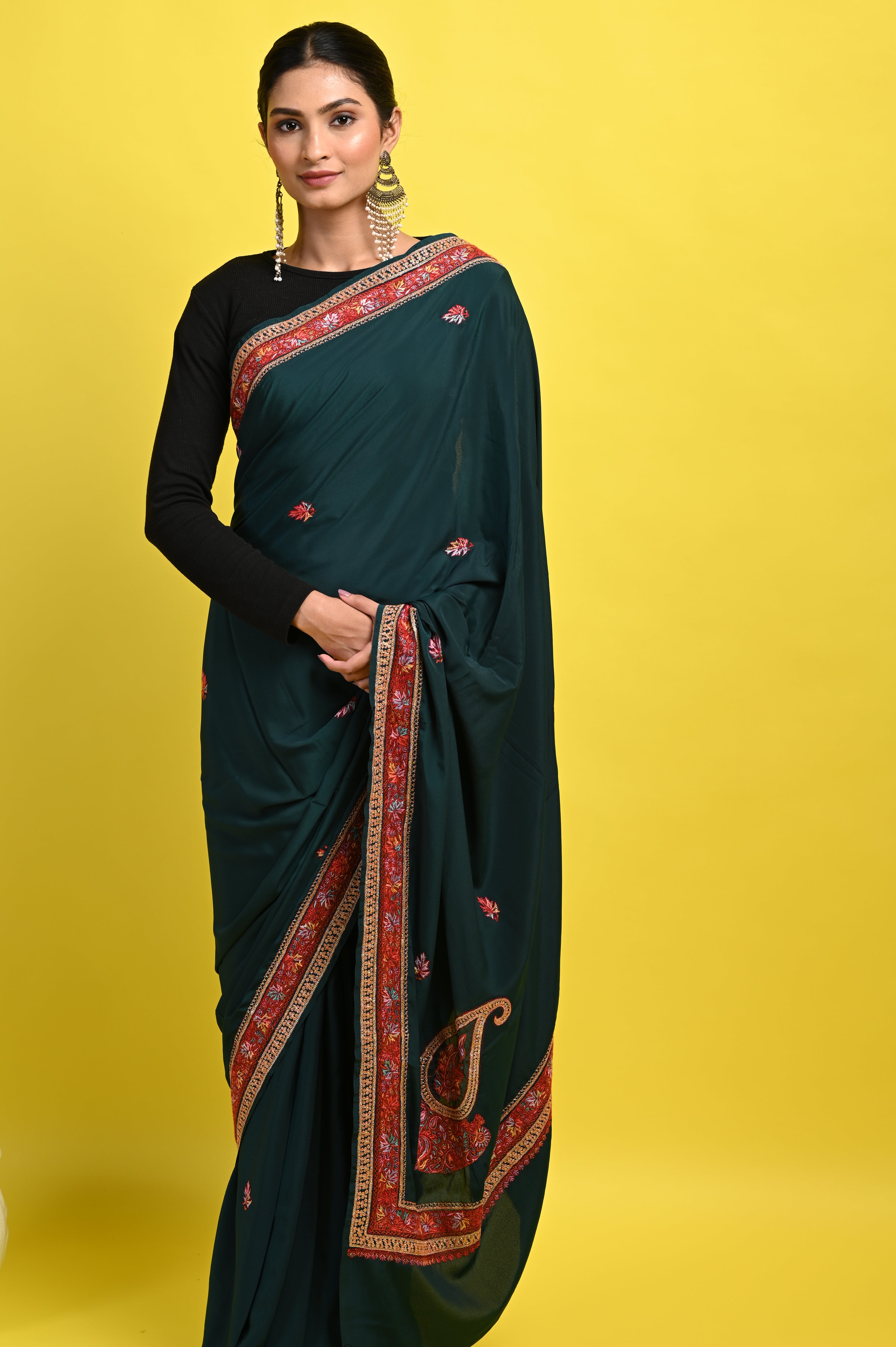 Pure Crepe Chinon Silk Sozni Work Kashmiri Saree