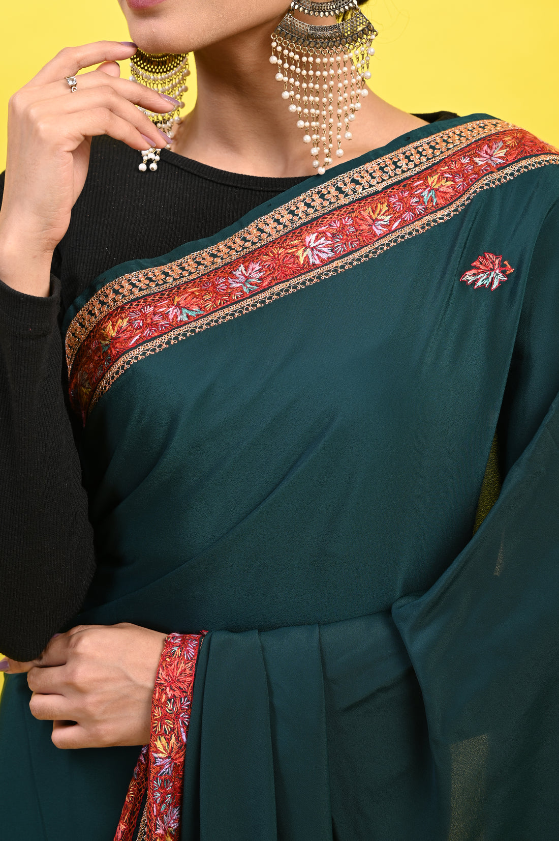 Pure Crepe Chinon Silk Sozni Work Kashmiri Saree