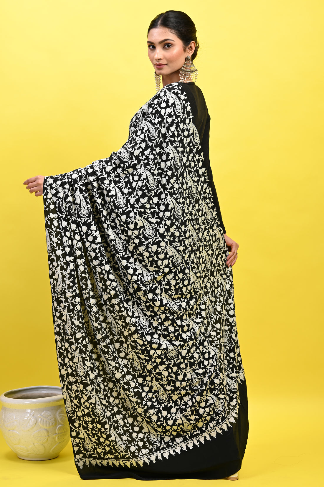 Pure Crepe Chinon Silk Aari Machine Embriodery Kashmiri Saree