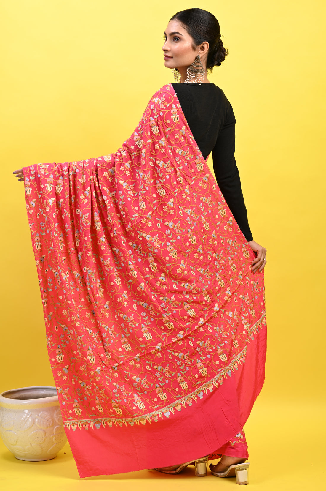 Pure Crepe Chinon Silk Aari Embriodery Kashmiri Saree