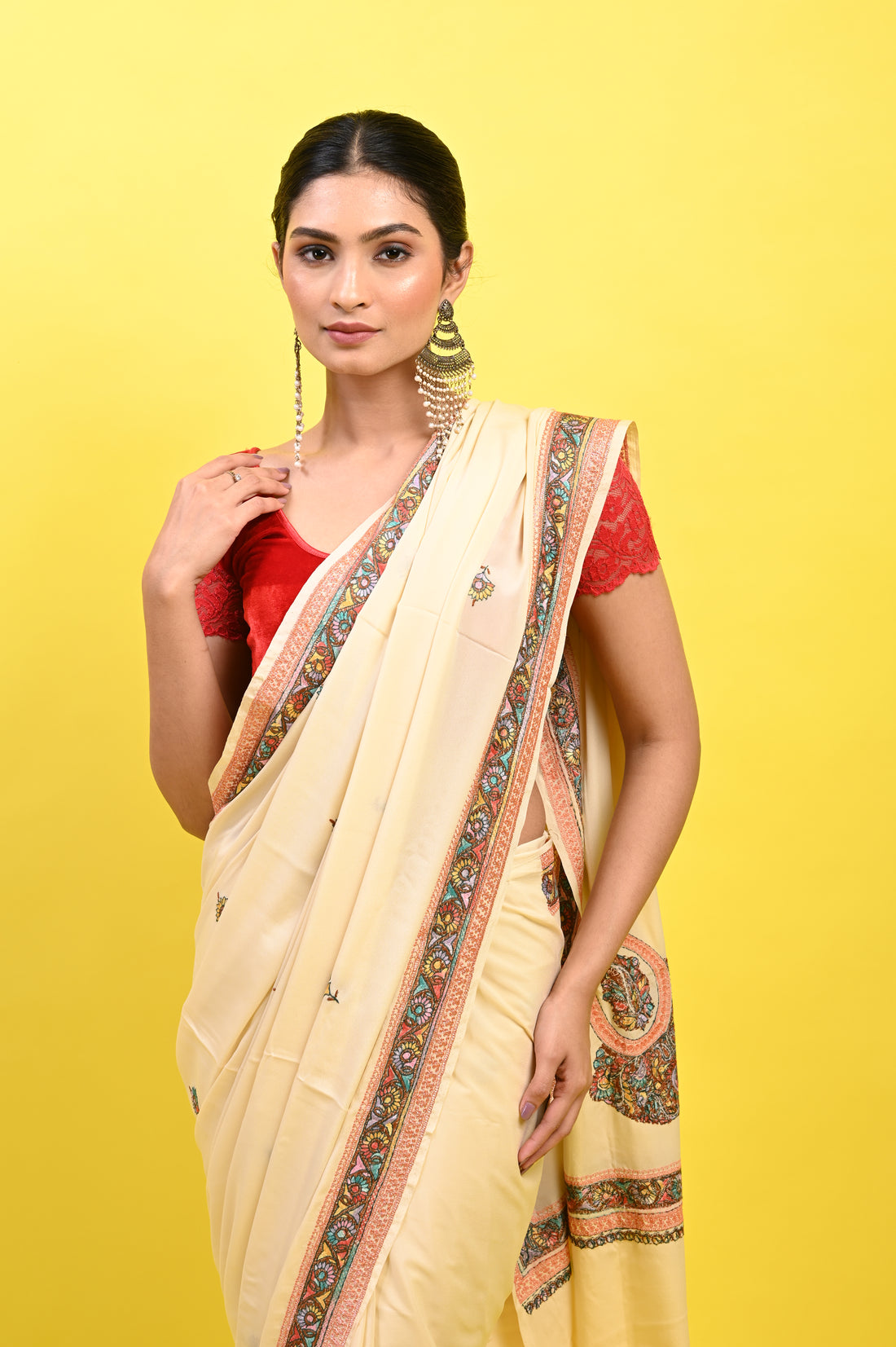 Pure Crepe Chinon Silk Sozni Work Kashmiri Saree