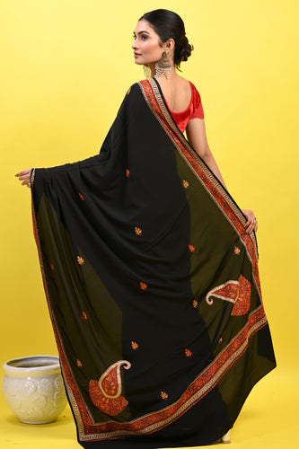Pure Crepe Chinon Silk Sozni Work Kashmiri Saree