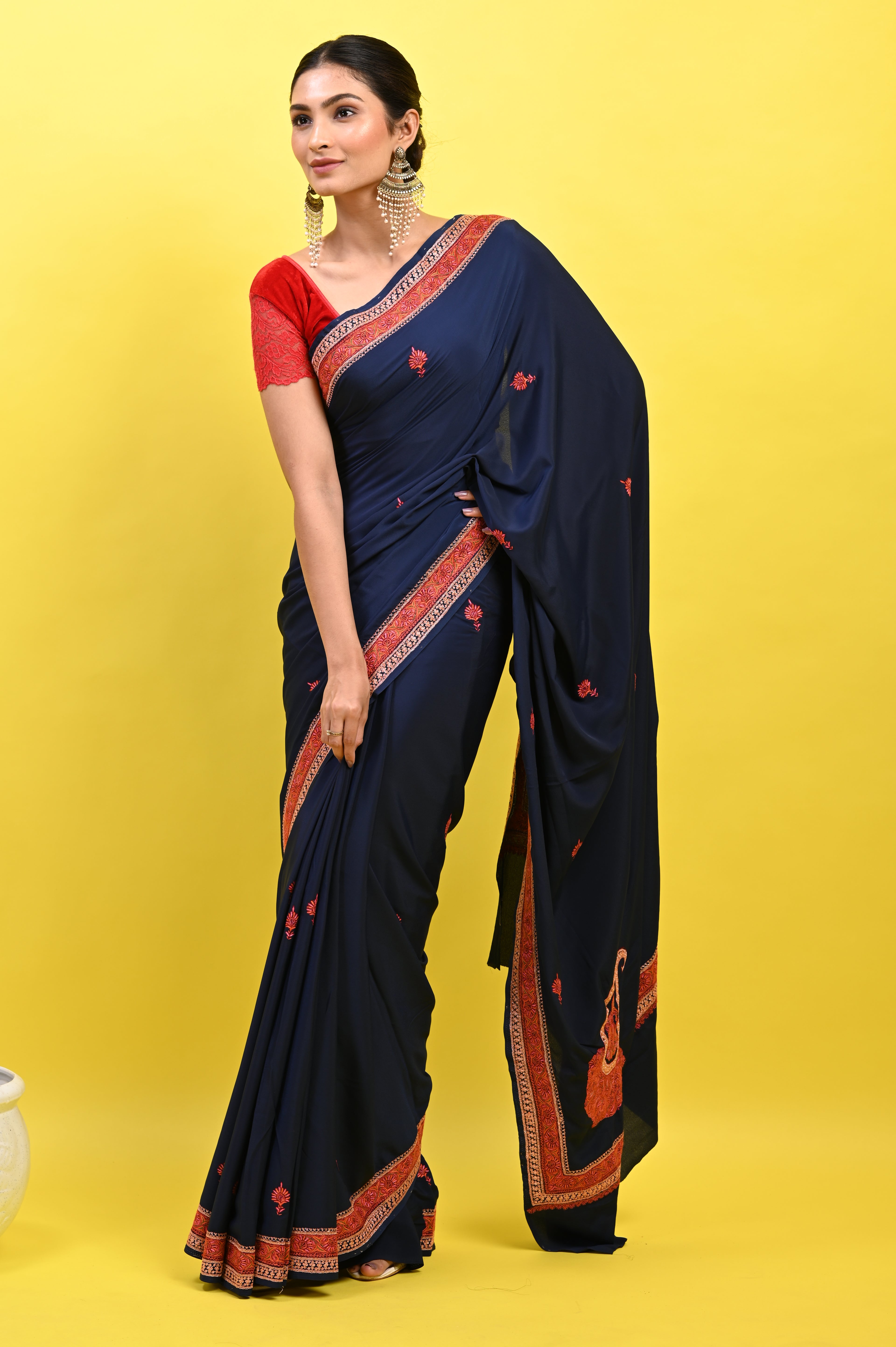 Pure Crepe Chinon Silk Sozni Work Kashmiri Saree