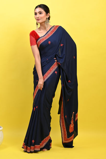 Pure Crepe Chinon Silk Sozni Work Kashmiri Saree