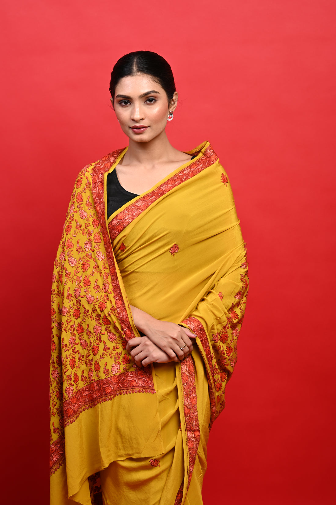 Pure Crepe Chinon Silk Sozni Work Hand Embroidered Kashmiri Saree