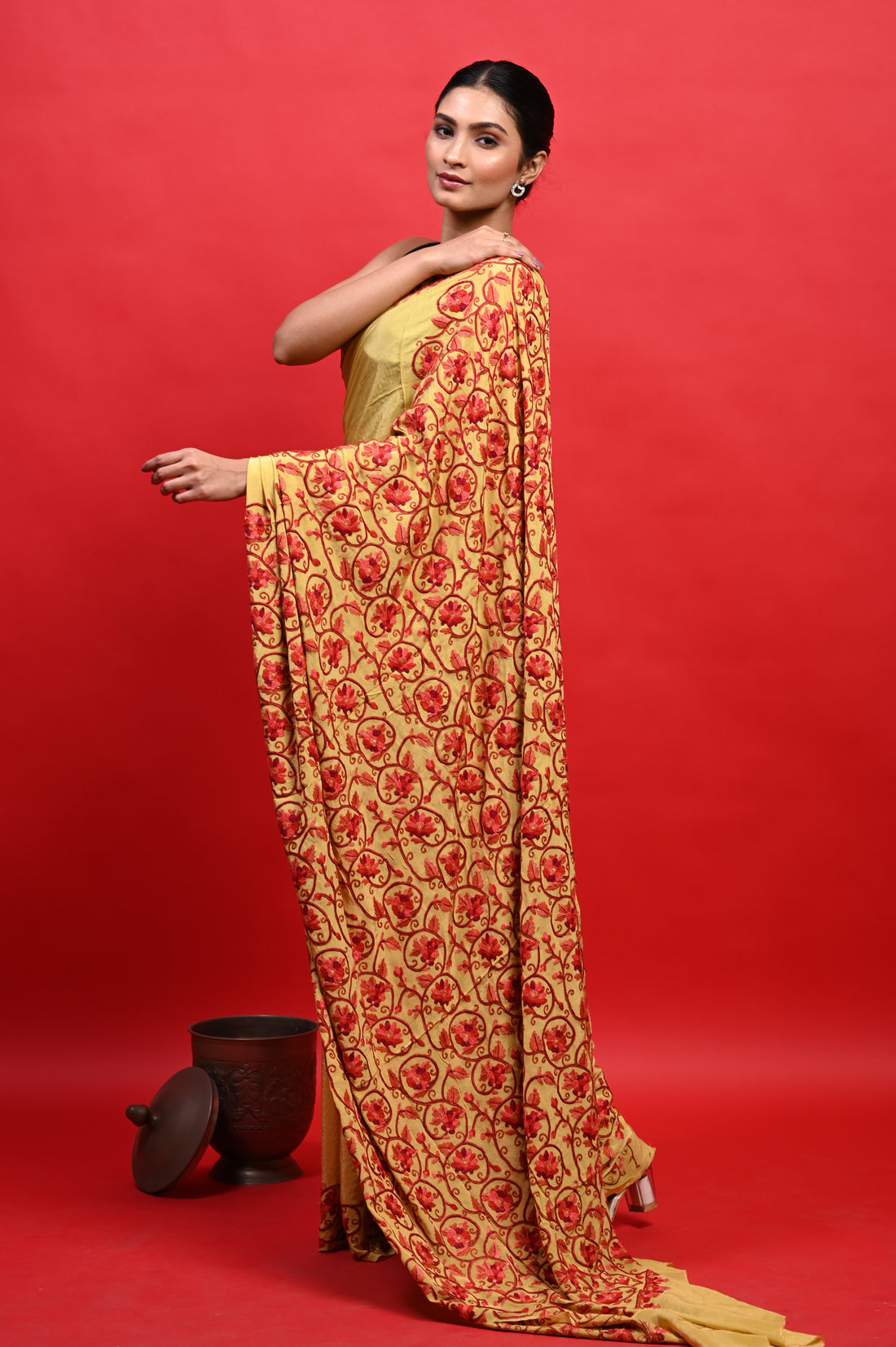 Pure Crepe Chinon Silk Aari Embriodery Kashmiri Saree