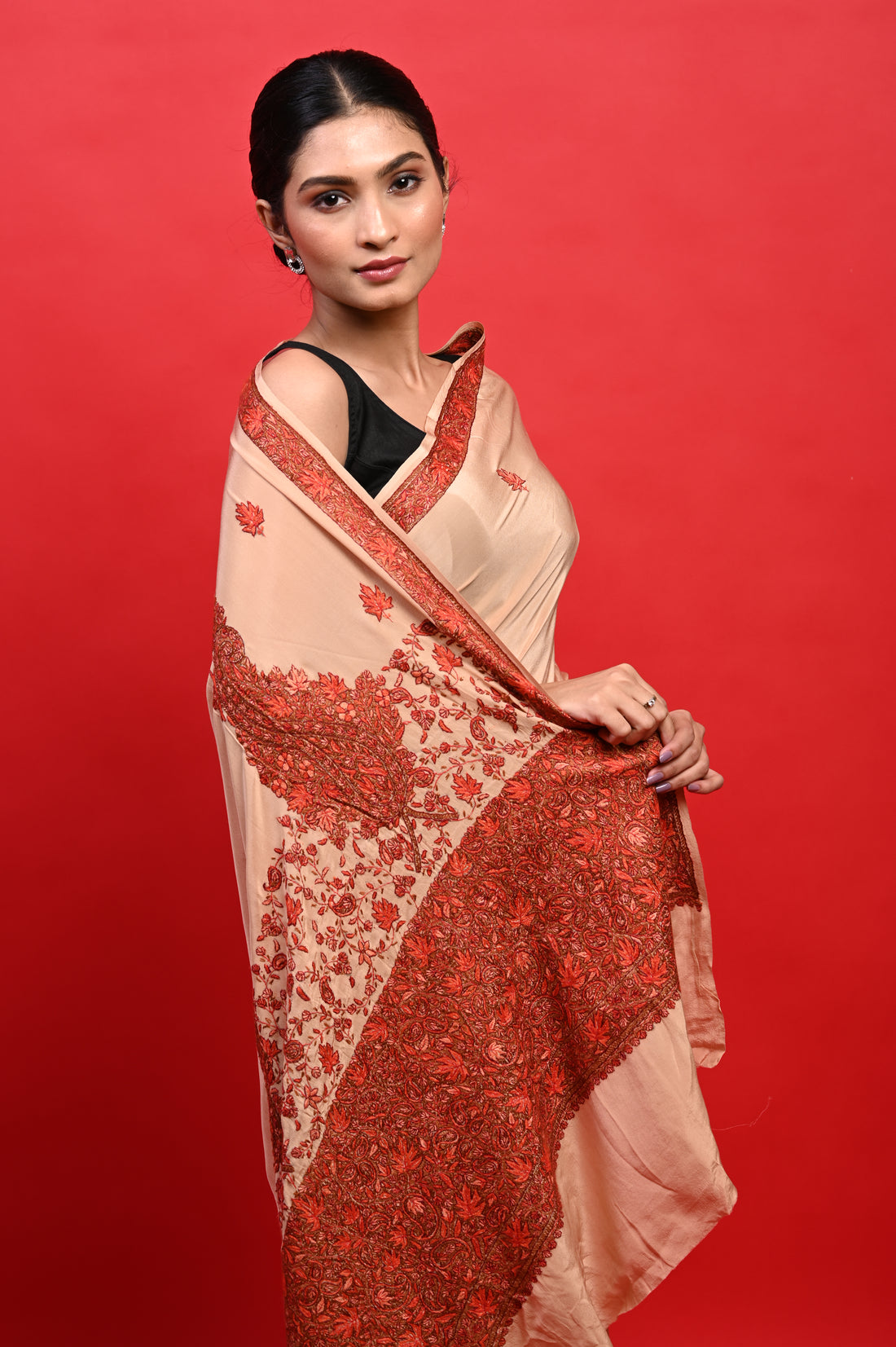 Pure Crepe Chinon Silk Sozni Work Hand Embroidered Kashmiri Saree