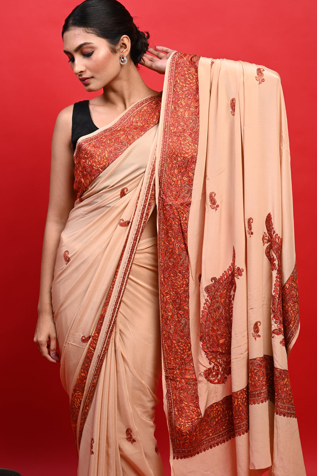 Pure Crepe Chinon Silk Sozni Work Hand Embroidered Kashmiri Saree