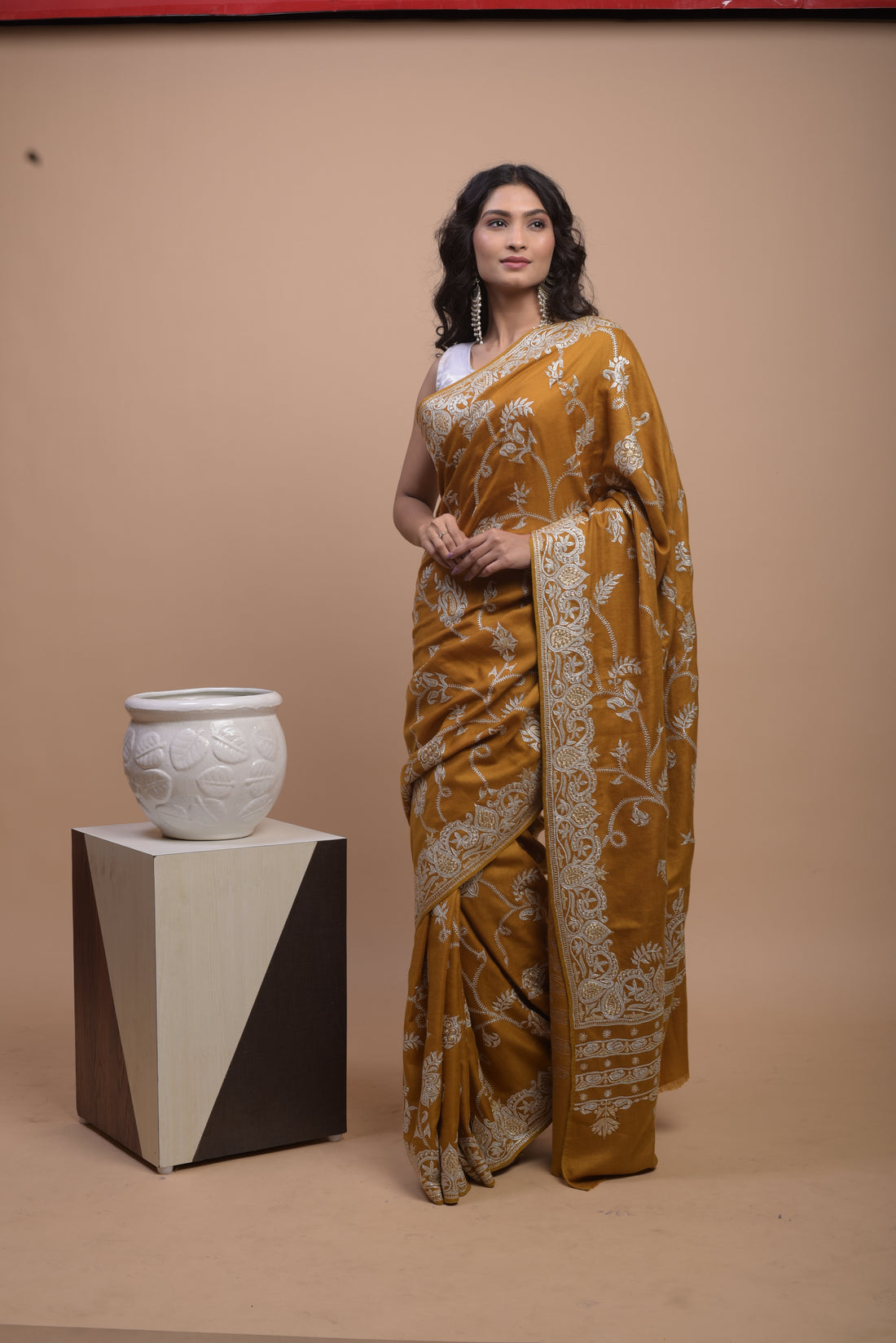 Pure Pashmina Tilla Embriodery Kashmiri Saree