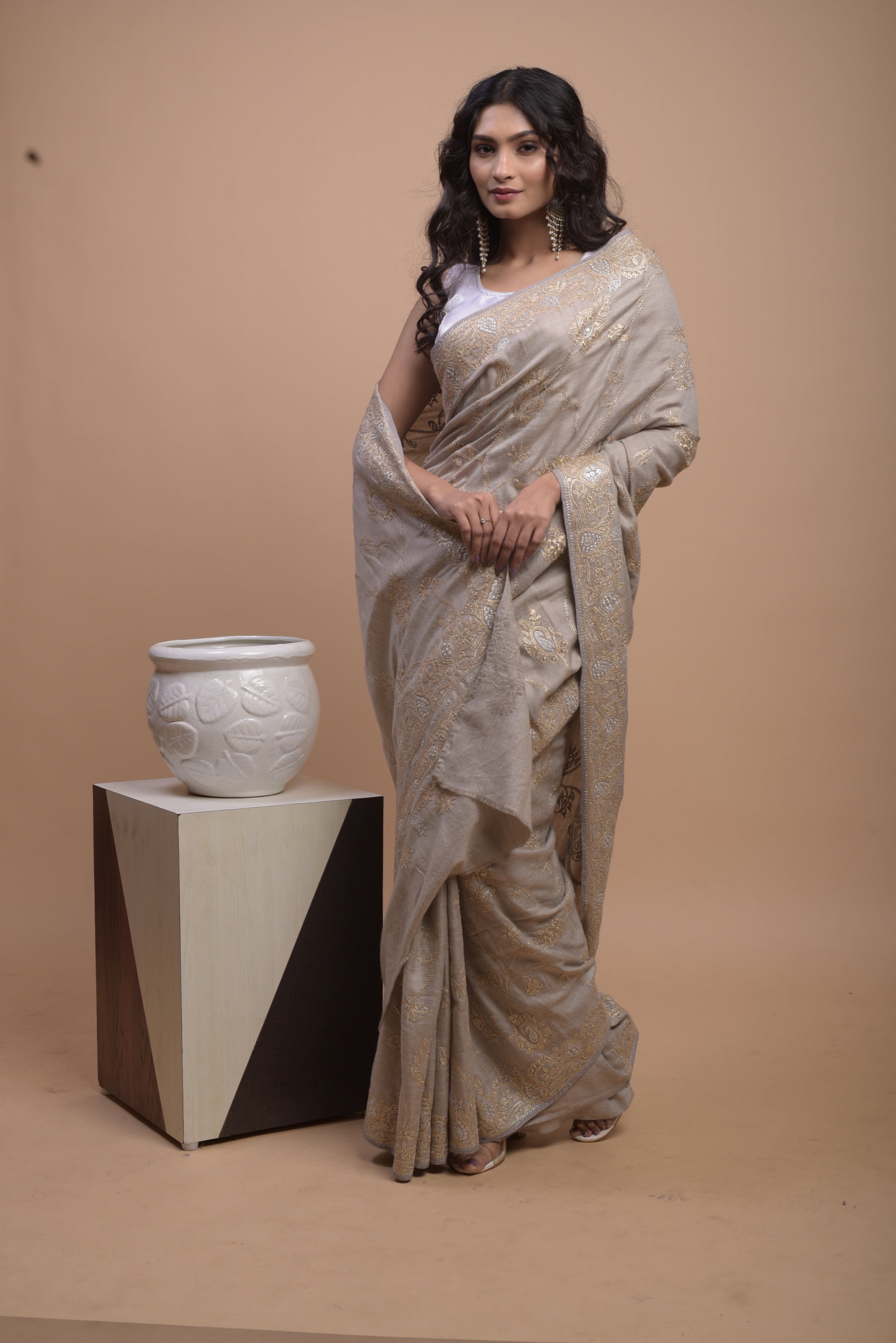 Pure Pashmina Tilla Embriodery Kashmiri Saree