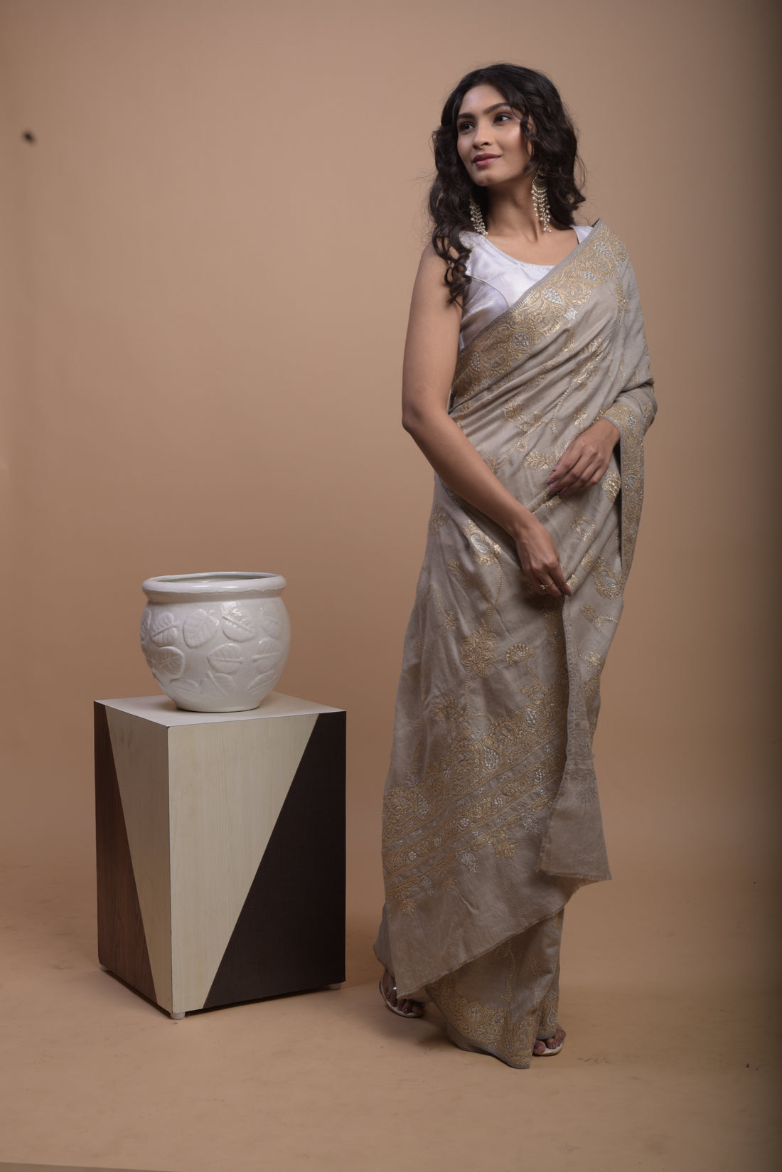 Pure Pashmina Tilla Embriodery Kashmiri Saree