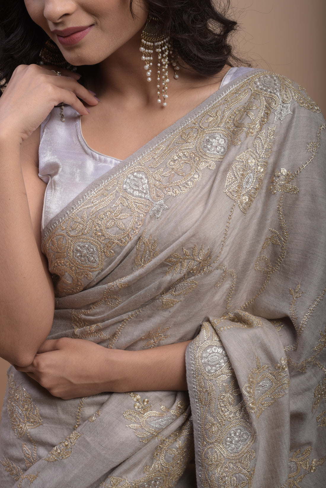 Pure Pashmina Tilla Embriodery Kashmiri Saree