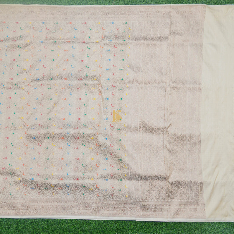 Handloom Katan Silk Off White Banarasi Shikargah Saree - Khinkhwab