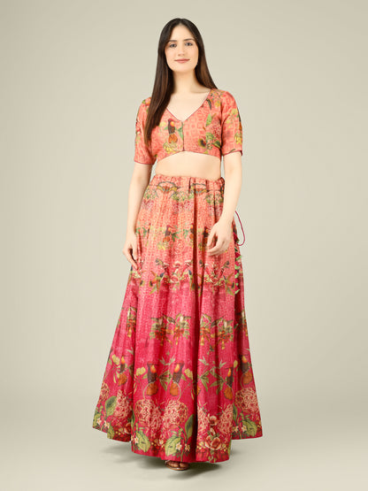 Tussar Silk Print Kalidar Stitched Lehenga Set - Khinkhwab