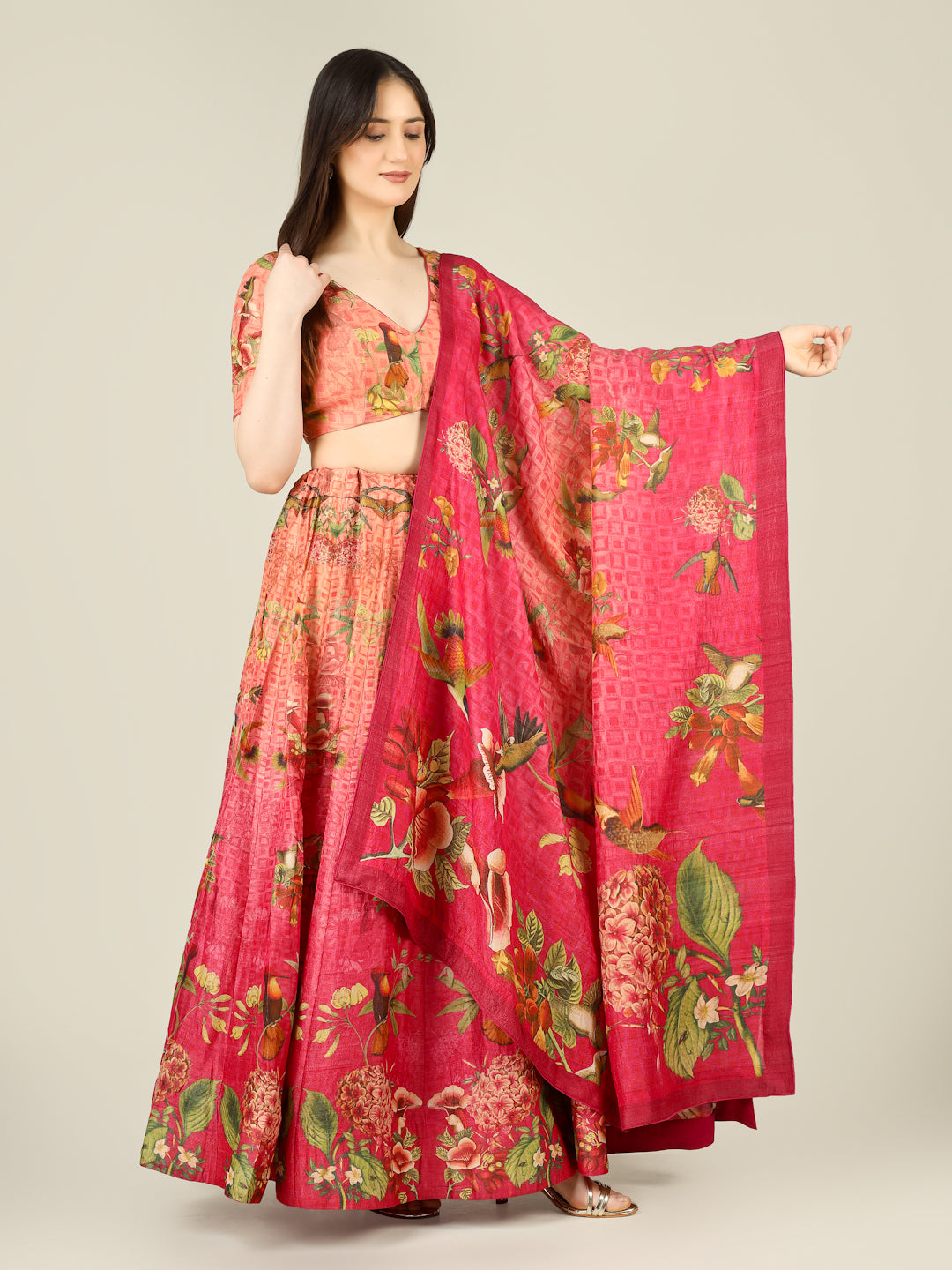 Tussar Silk Print Kalidar Stitched Lehenga Set - Khinkhwab