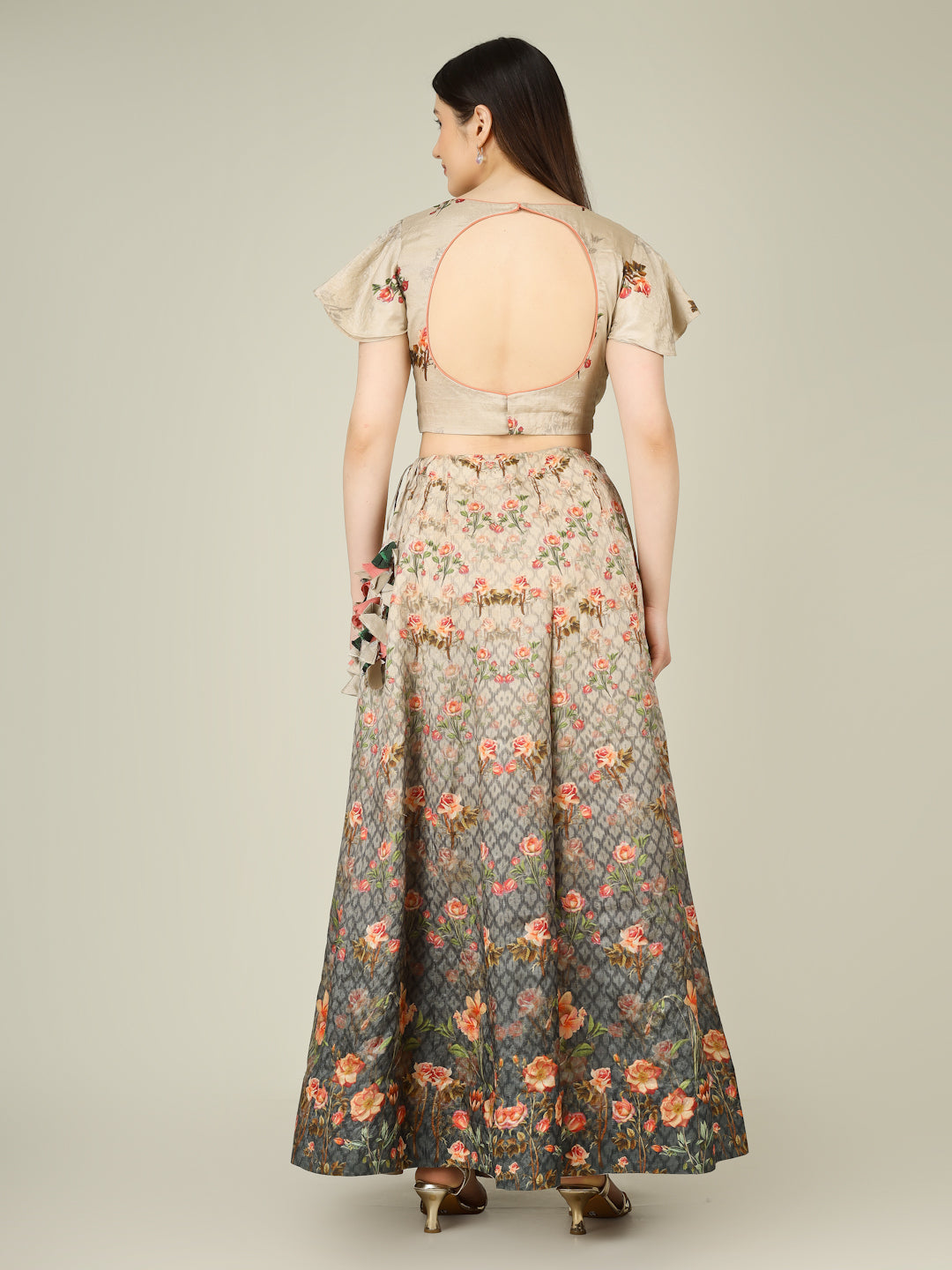 Grey Rose Pure Tussar Silk Print Kalidar Stitched Lehenga Set - Khinkhwab