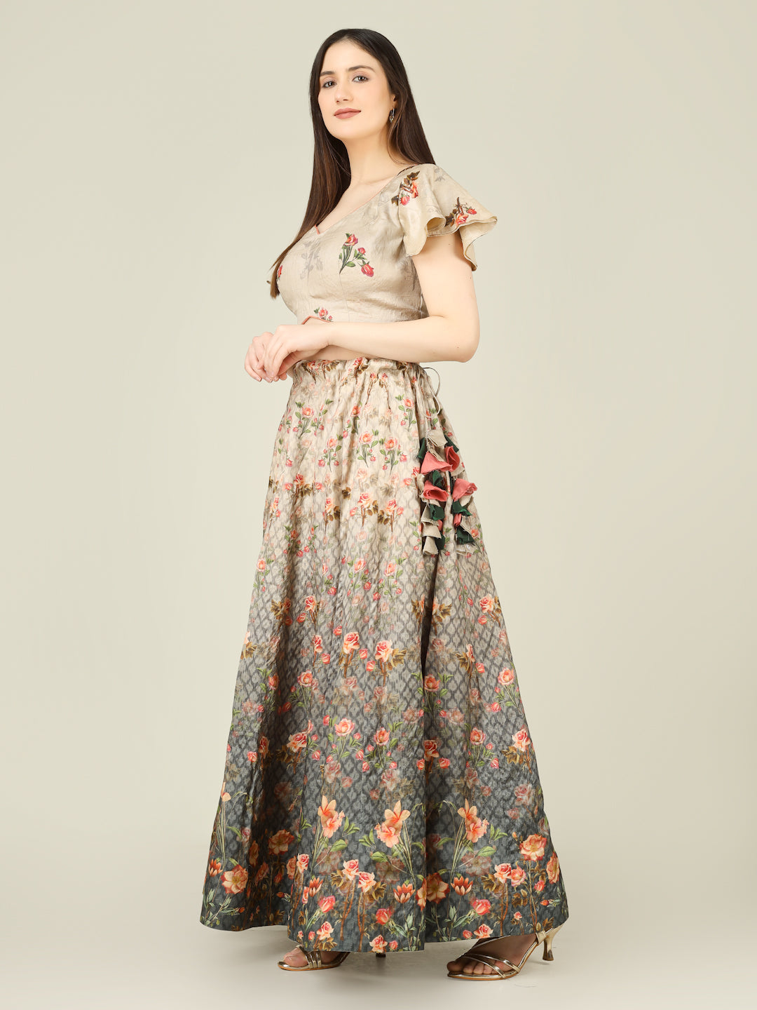 Grey Rose Pure Tussar Silk Print Kalidar Stitched Lehenga Set - Khinkhwab