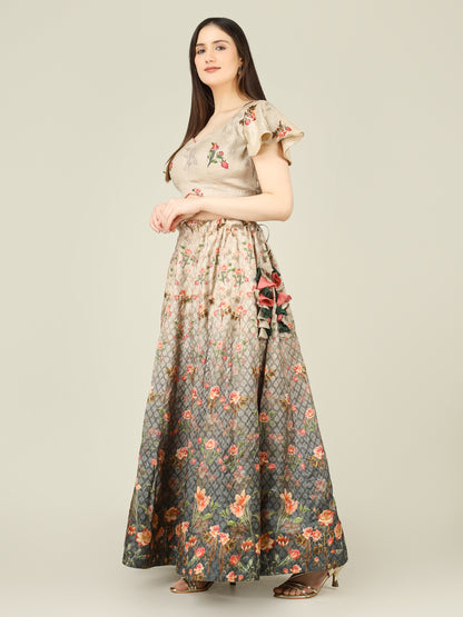 Grey Rose Pure Tussar Silk Print Kalidar Stitched Lehenga Set - Khinkhwab