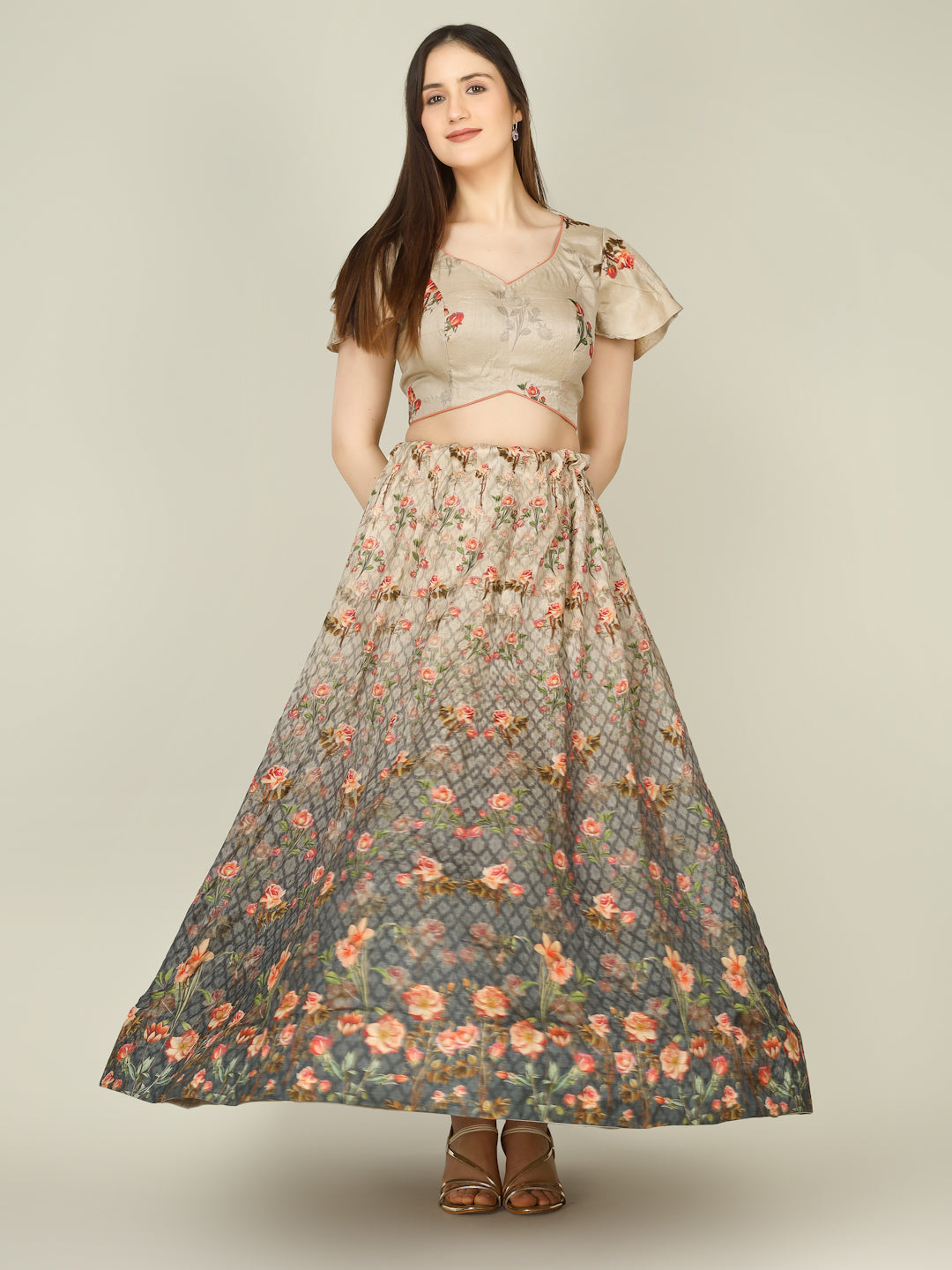 Grey Rose Pure Tussar Silk Print Kalidar Stitched Lehenga Set - Khinkhwab