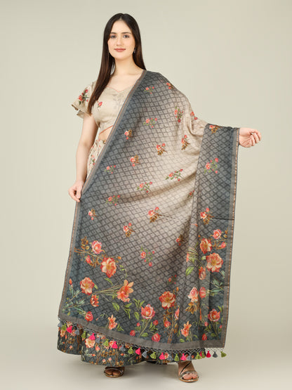 Grey Rose Pure Tussar Silk Print Kalidar Stitched Lehenga Set - Khinkhwab