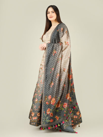 Grey Rose Pure Tussar Silk Print Kalidar Stitched Lehenga Set - Khinkhwab