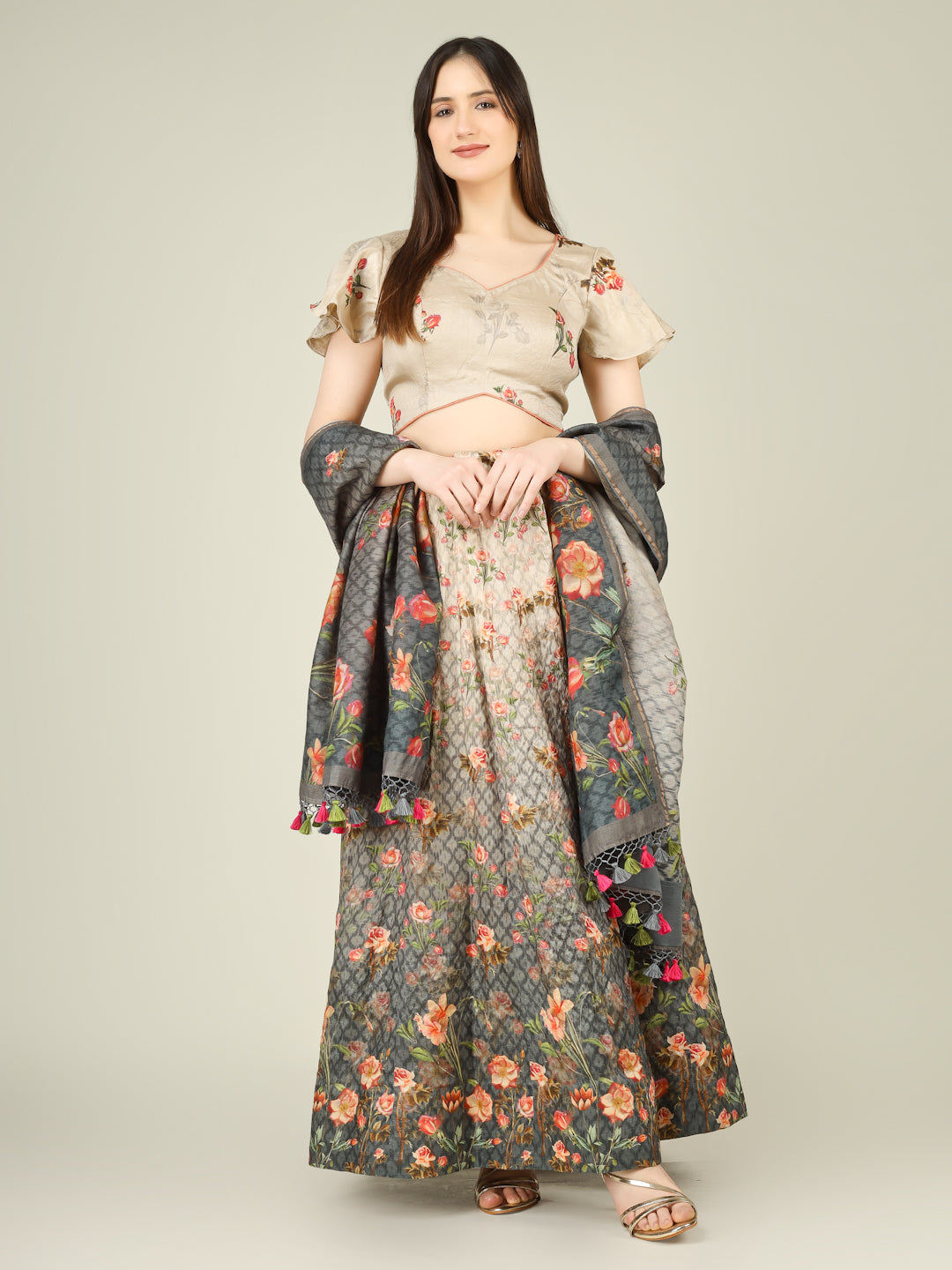 Grey Rose Pure Tussar Silk Print Kalidar Stitched Lehenga Set - Khinkhwab