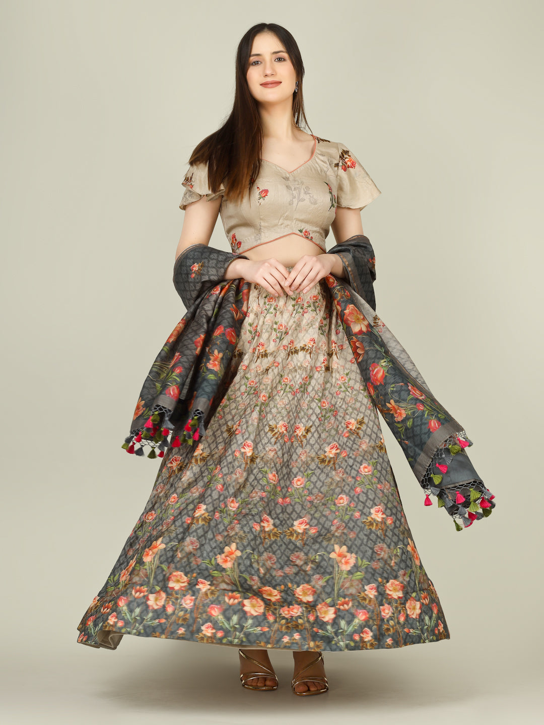 Grey Rose Pure Tussar Silk Print Kalidar Stitched Lehenga Set - Khinkhwab