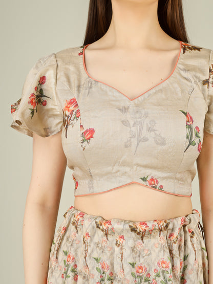 Grey Rose Pure Tussar Silk Print Kalidar Stitched Lehenga Set - Khinkhwab