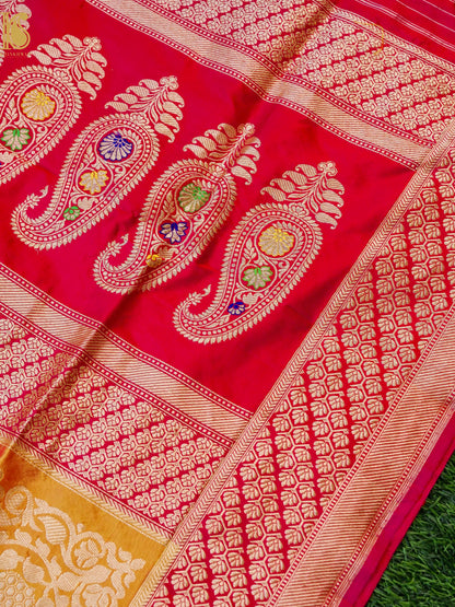 Handloom Banarasi Chauki Rangkat Red Silk Saree