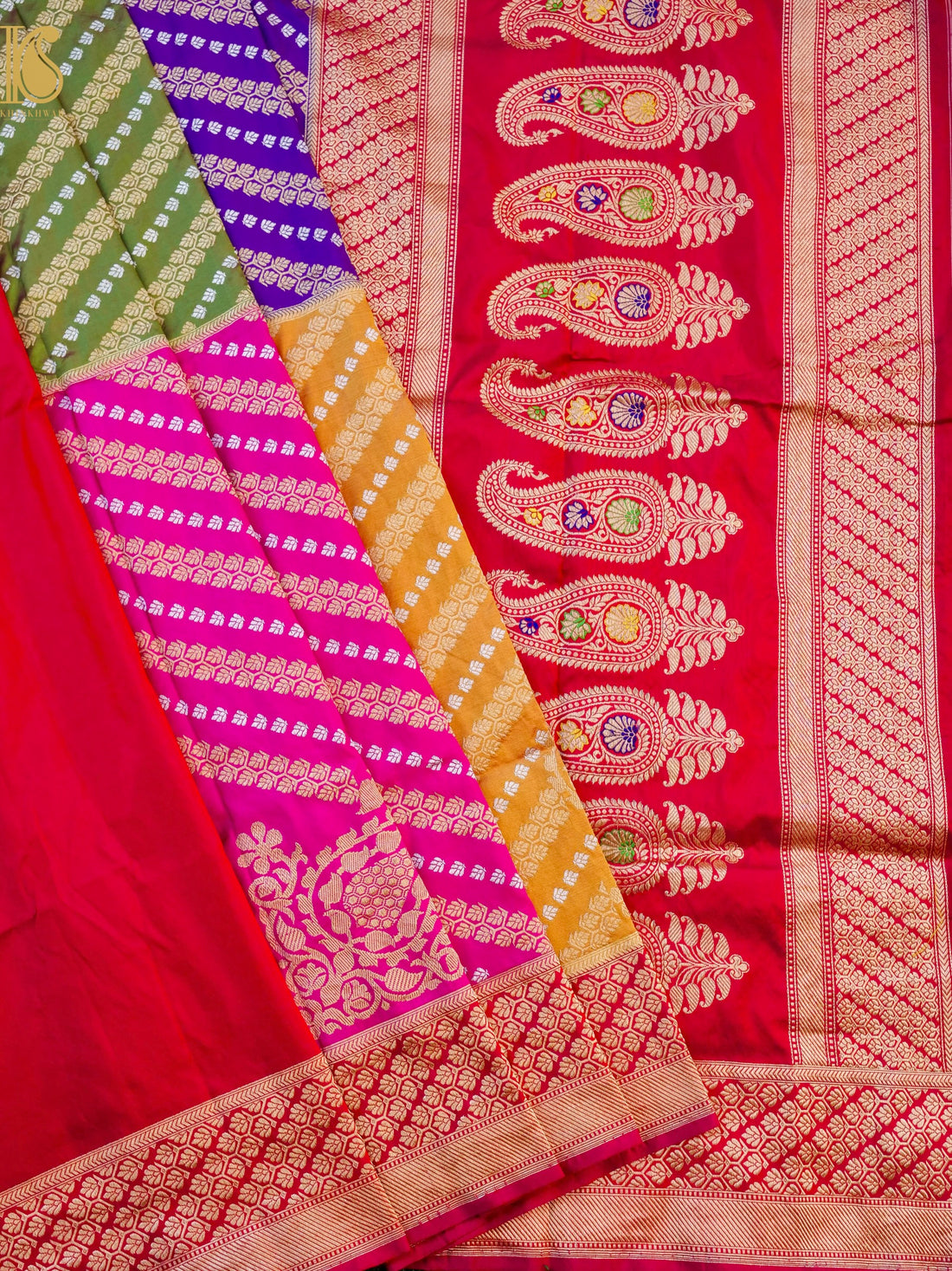 Handloom Banarasi Chauki Rangkat Red Silk Saree - Khinkhwab