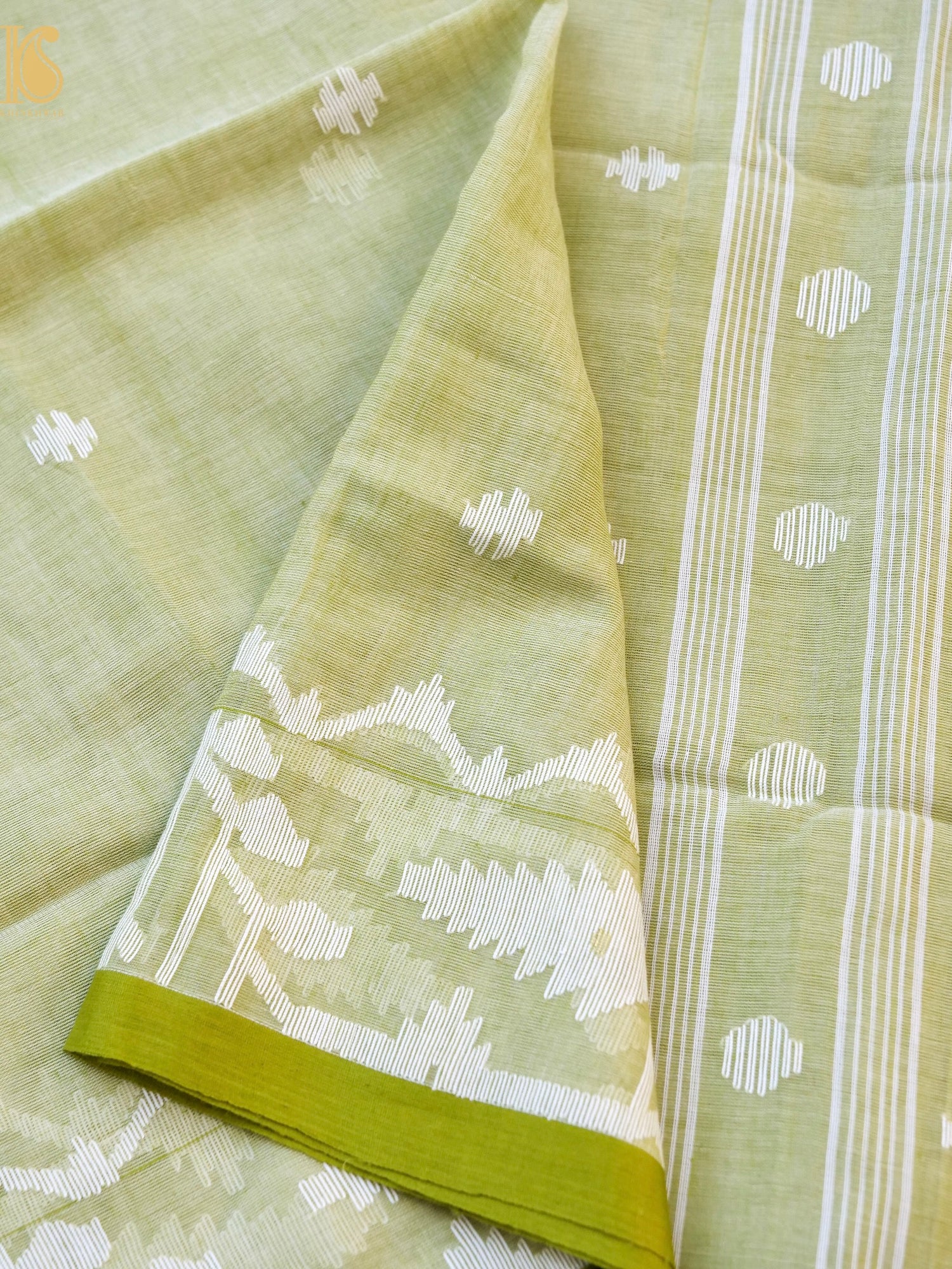 Cotton Handloom Bengal Jamdani Green Saree