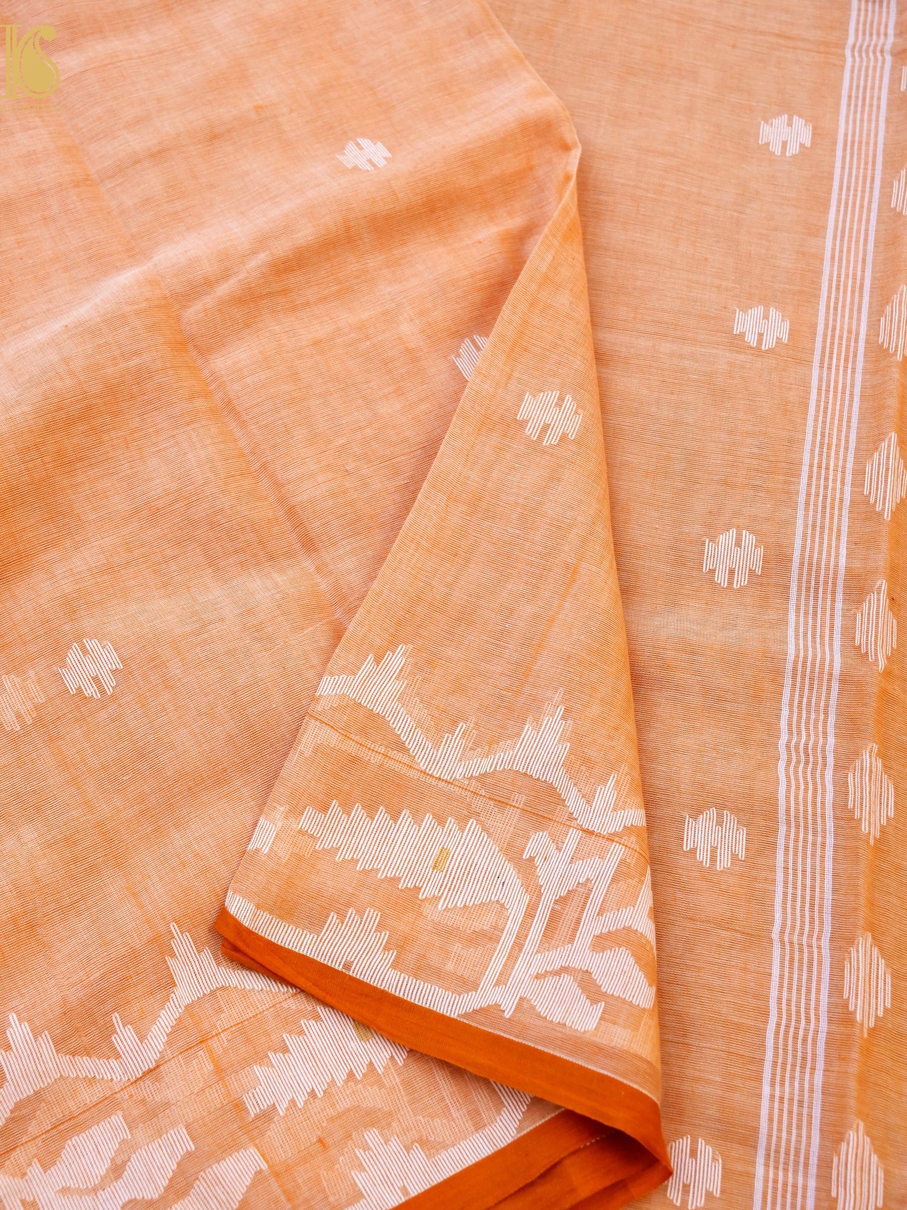 Cotton Handloom Bengal Jamdani Peach Saree