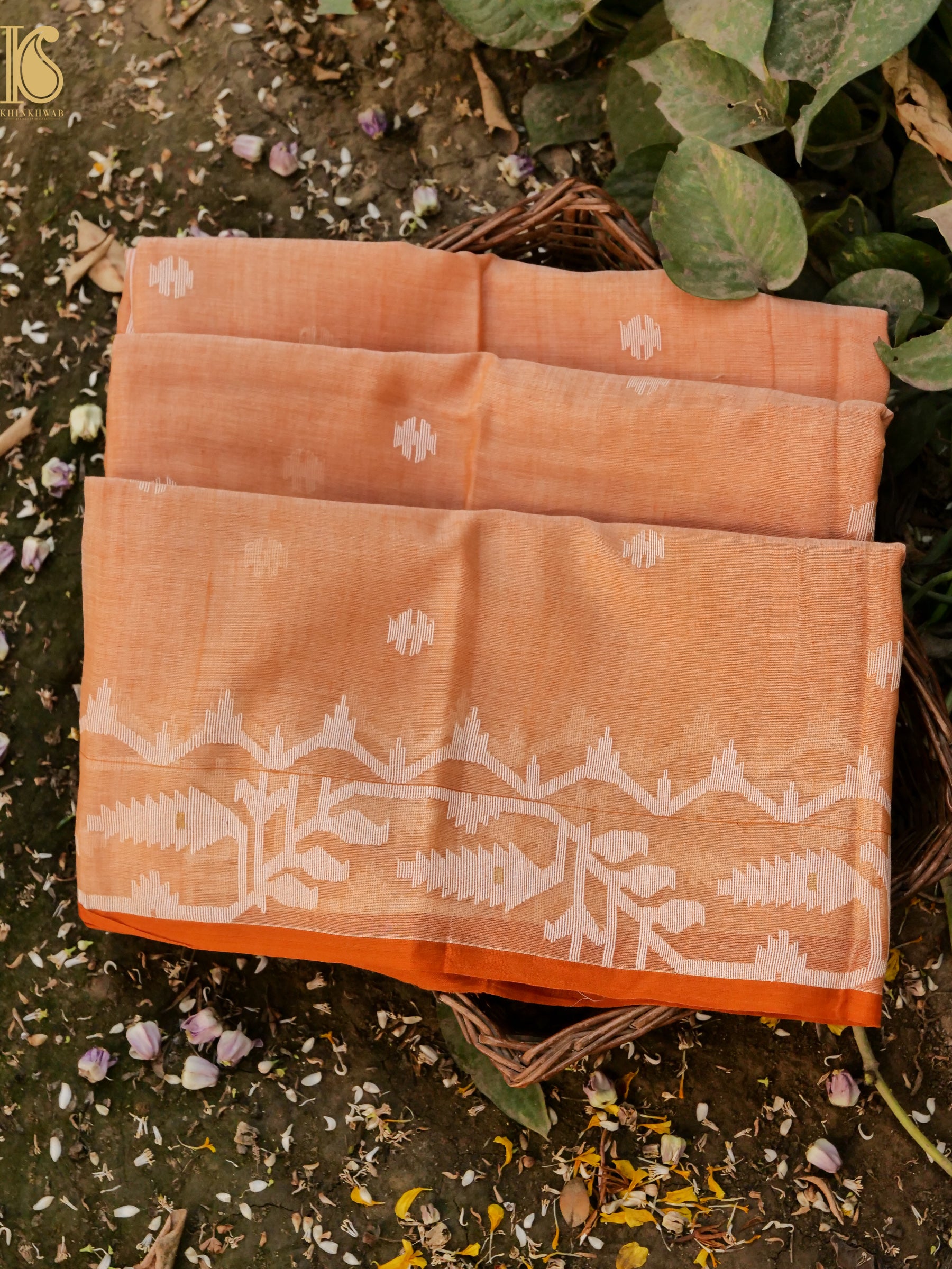 Cotton Handloom Bengal Jamdani Peach Saree