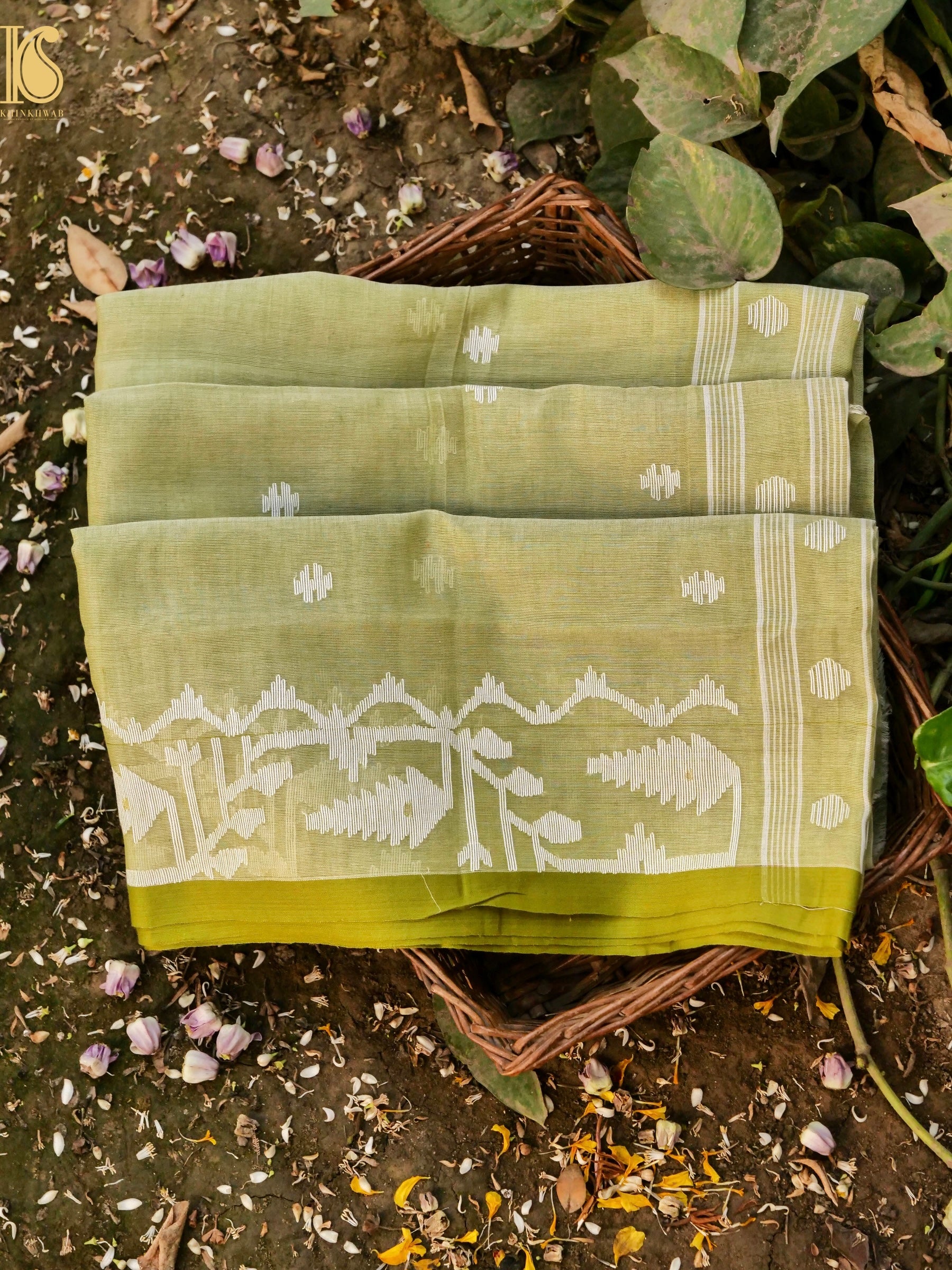 Cotton Handloom Bengal Jamdani Green Saree