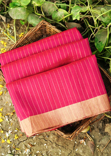 Handwoven Chanderi Cotton Silk Pink Gold Stripes Saree