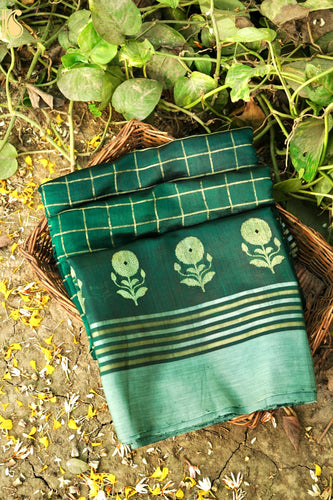 Handwoven Chanderi Silk Green Check Saree