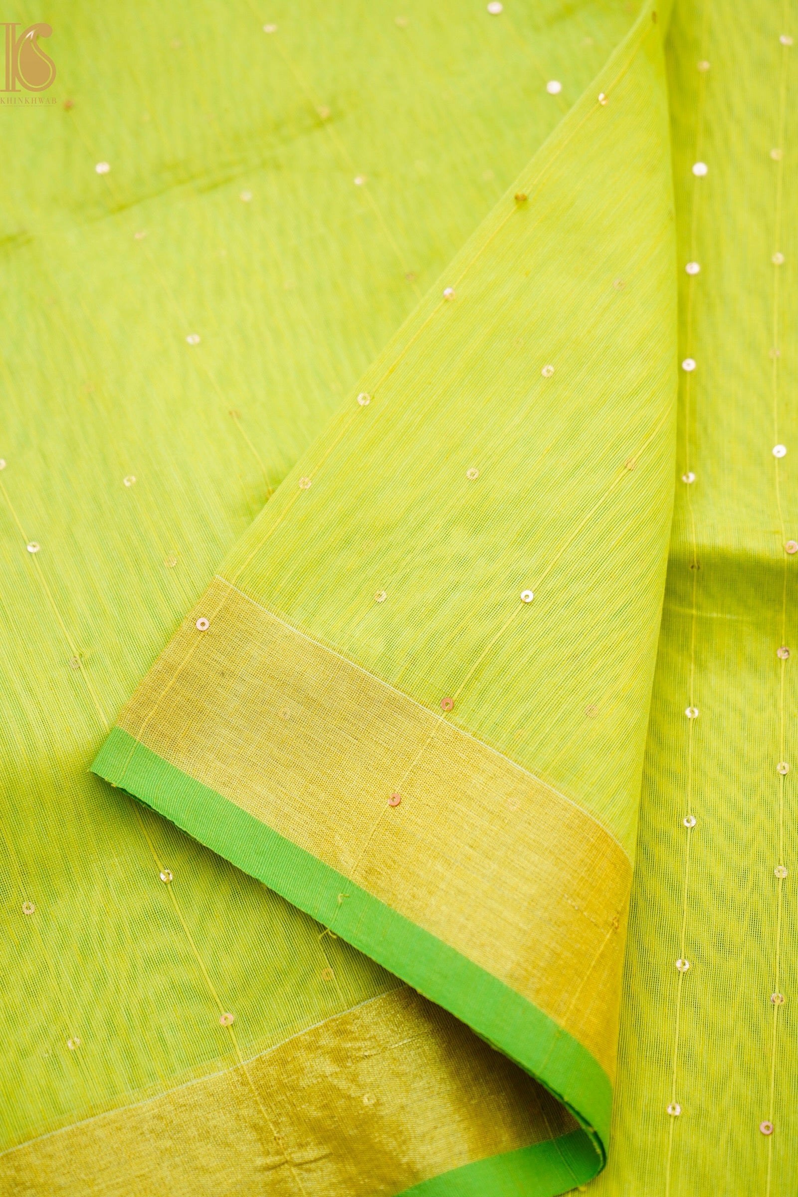 Handloom Dhakai Jamdani Lime Saree with Sequins