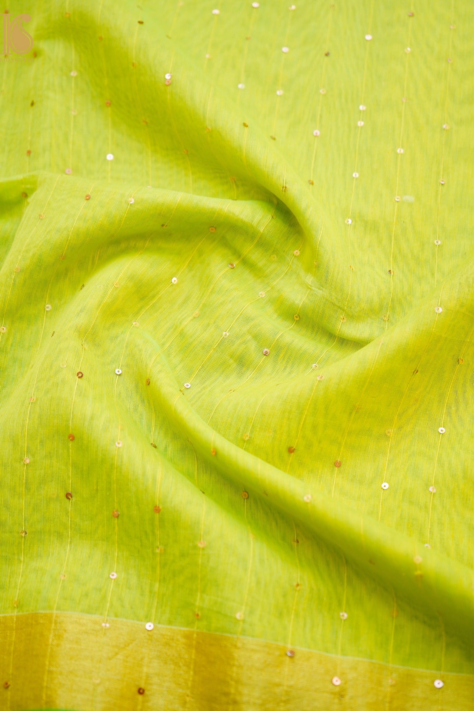 Handloom Dhakai Jamdani Lime Saree with Sequins