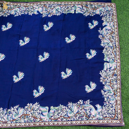 Midnight Blue Handcrafted Parsi  Gara Pure Crepe Bird Saree - Khinkhwab