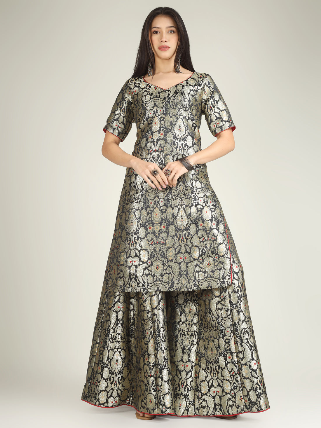 Black Banarasi Brocade Silk Stitched Sharara Set