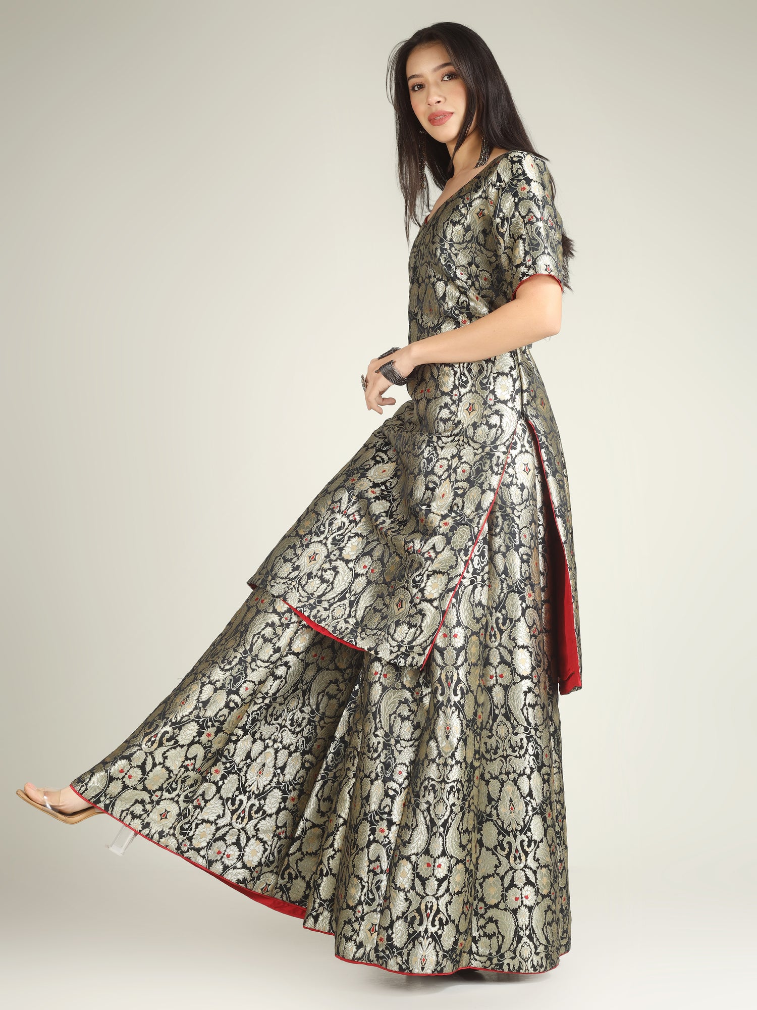 Black Banarasi Brocade Silk Stitched Sharara Set