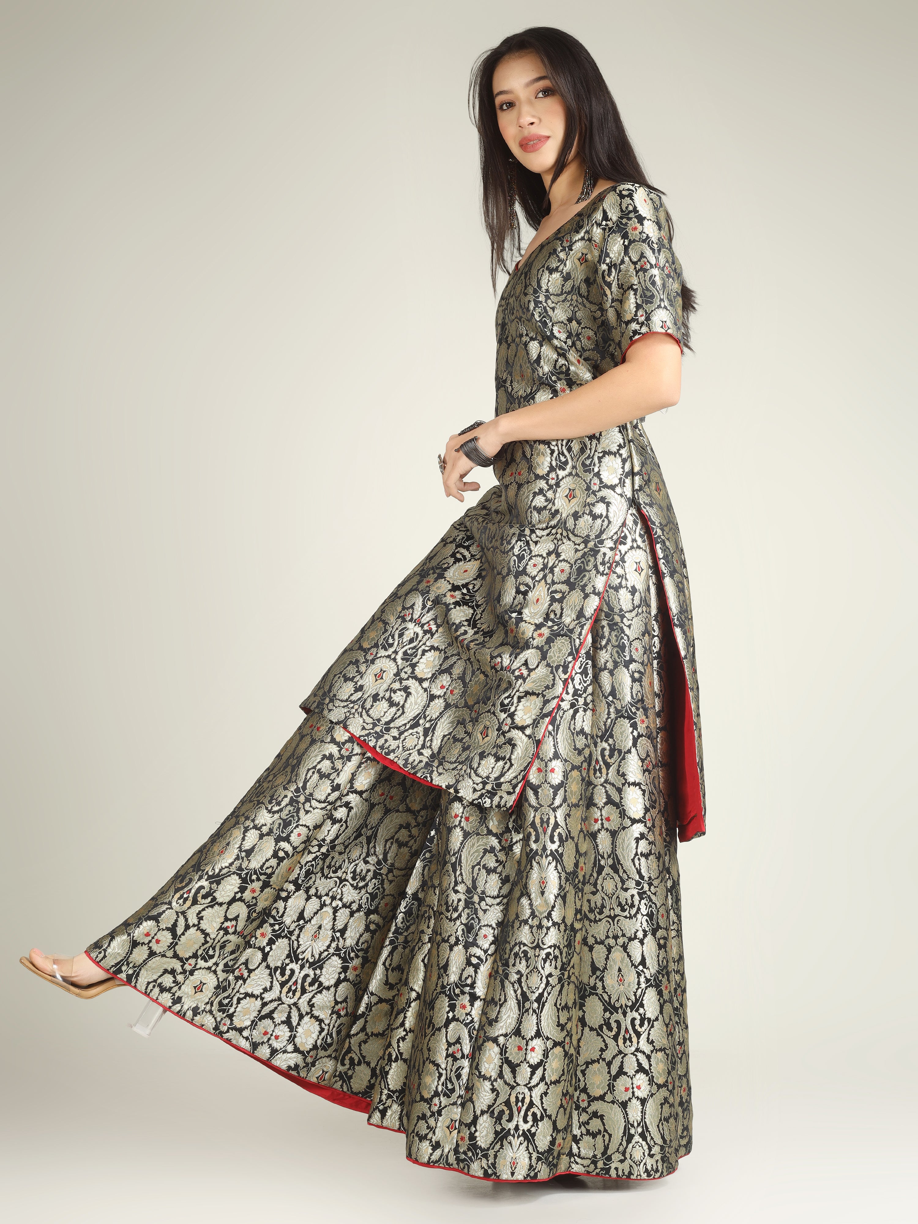 Black Banarasi Brocade Silk Stitched Sharara Set