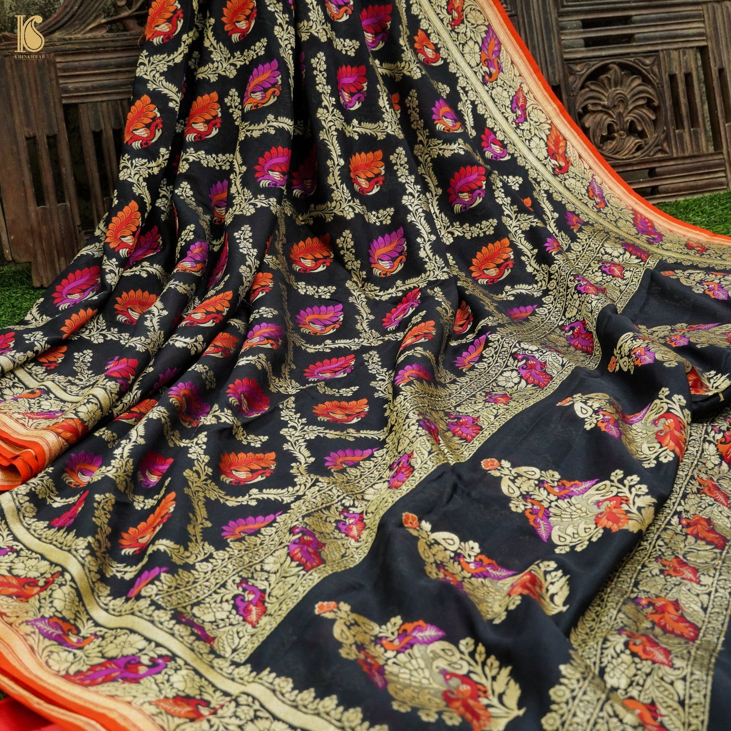 Black Pure Georgette Banarasi Peacock Meena Saree - Khinkhwab