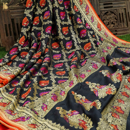 Black Pure Georgette Banarasi Peacock Meena Saree - Khinkhwab