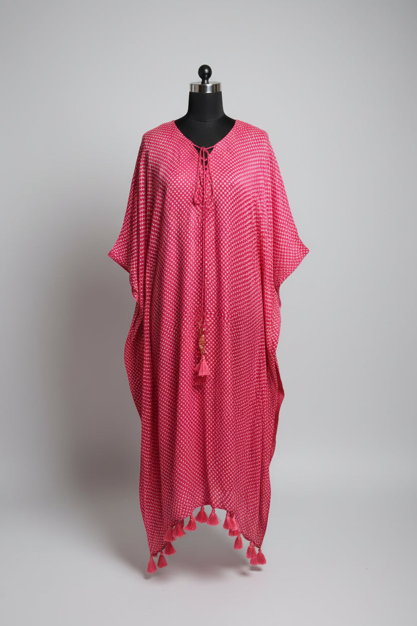 Gajji Silk Bandhani Stitched Kaftan in Rose Pink