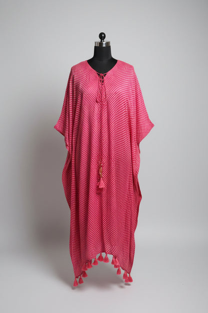 Gajji Silk Bandhani Stitched Kaftan in Rose Pink