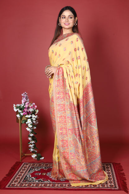 Semi Crepe Silk Machine Aari Embriodery Kashmiri Saree